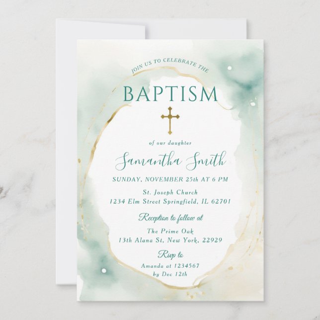 Pastel Green Gold Cross Christening Taufe Einladung (Vorderseite)