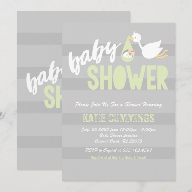 Pastel Green & Grey, Invitation Baby shower de cig (Devant / Derrière)