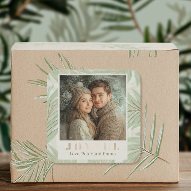 Pastel Green Palm Tree Holiday Foto Quadratischer Aufkleber (Green Palm Tree Photo Sticker)