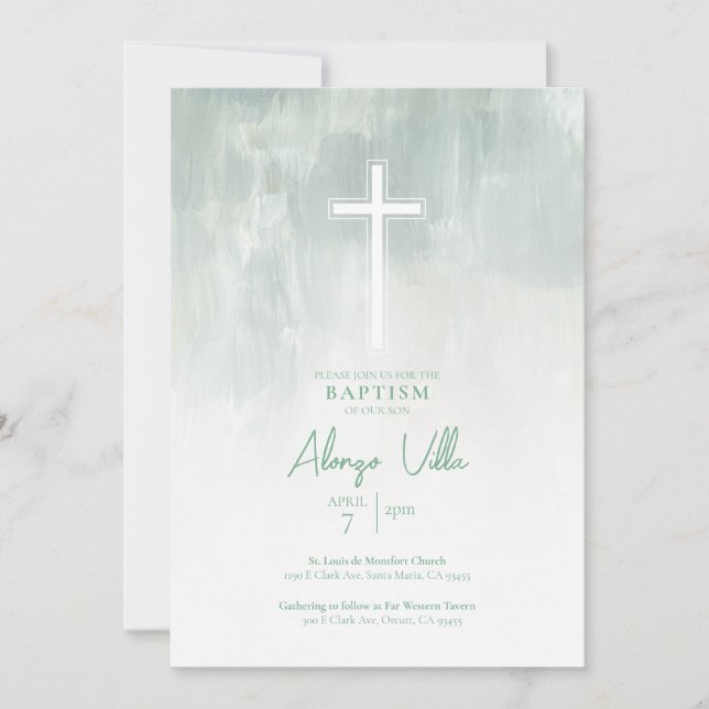 Pastel Green Religious Katholic Baptismus Einladun Einladung (Vorderseite)