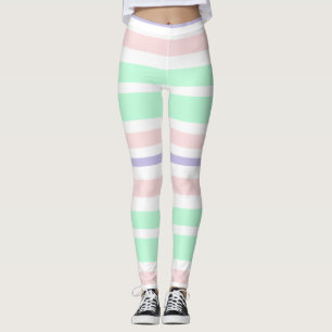 Pastel Green, Rose, Purple White Leggings rayés