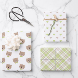 PASTEL GREEN & TAN TEDDY BEAR FACES HEARTS PLAID GESCHENKPAPIER SET