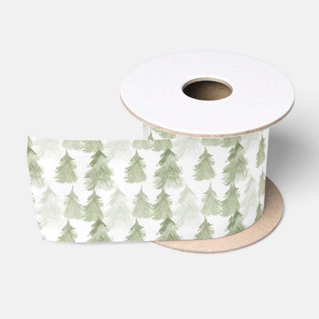 Pastel Green Watercolor Weihnachtsbaummuster Satinband (Spule)