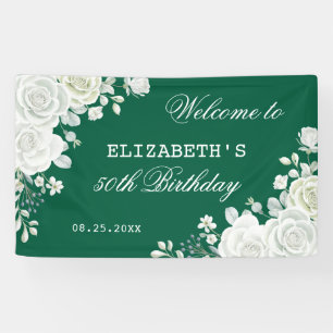 Pastel Green White Rose Floral Begrüßung Geburtsta Banner