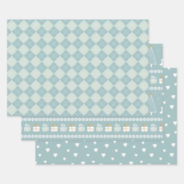 PASTEL GREEN & WHITE URLAUB WINTER NORDIC PATTERN GESCHENKPAPIER SET (Set)
