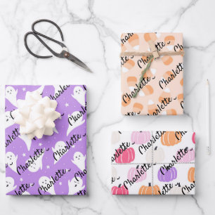 Pastel Halloween Child's Name Ghosts Pumpkins Geschenkpapier Set