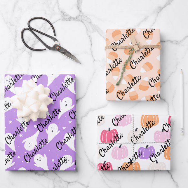 Pastel Halloween Child's Name Ghosts Pumpkins Geschenkpapier Set (Vorderseite)