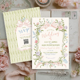 Pastel Hand Drawn Vintage Floral Bow Ivory Wedding Einladung