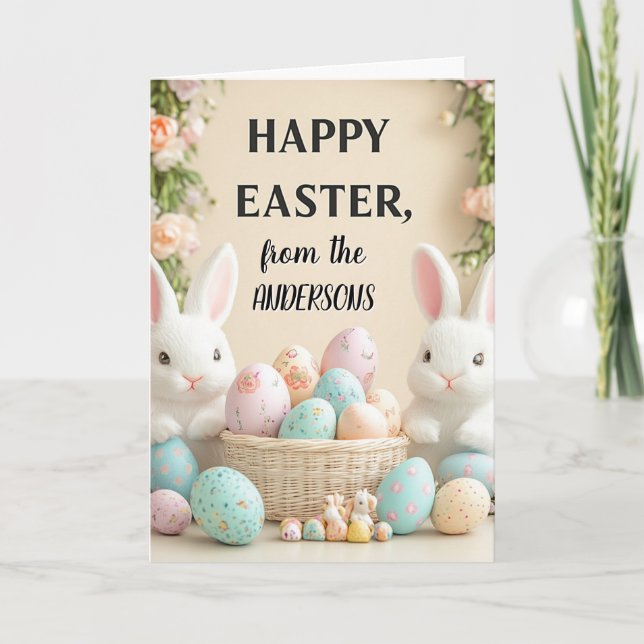 Pastel Happy Osterbunnies und Eier Feiertagskarte (Vorderseite)