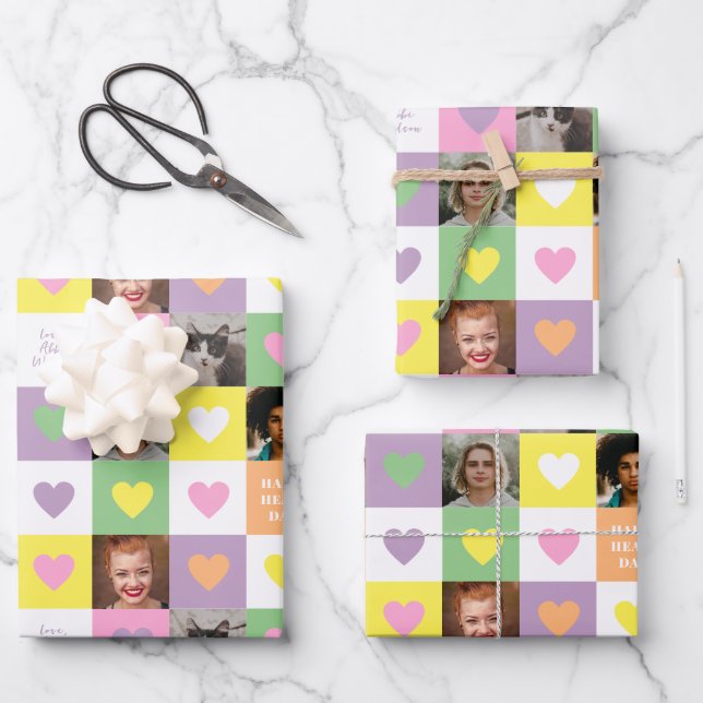Pastel Heart Checkerboard with Photos Valentine Geschenkpapier Set (Vorderseite)