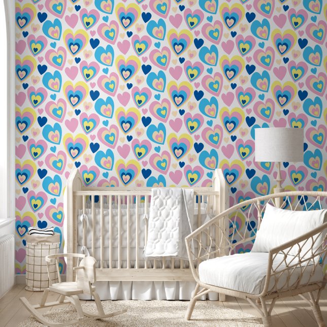 Pastel Hearts Cute Romantic Groovy Delicate Blue. Tapete (Kinder)
