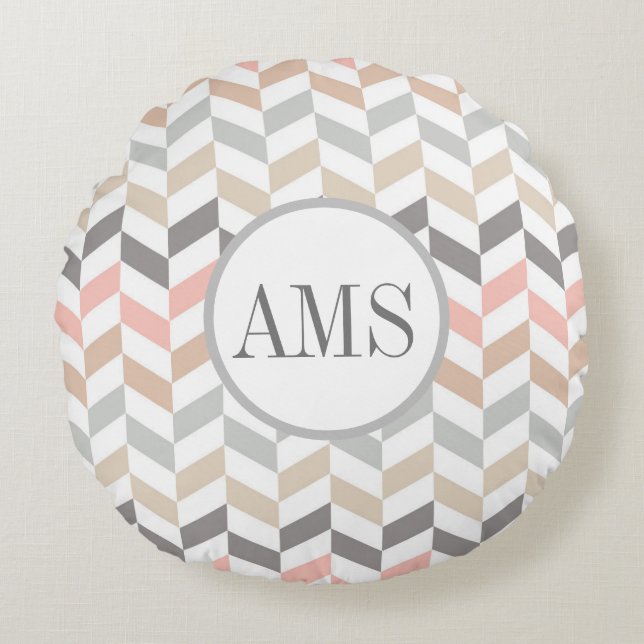 Pastel Herringbone Monogramm Rundes Kissen (Vorderseite)