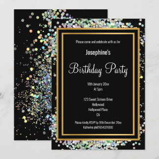 PASTEL HOLOGRAPHIC ALL BLACK PINK GOLD GEBURTSTAG EINLADUNG
