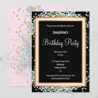 PASTEL HOLOGRAPHIC BLACK PINK GOLD GEBURTSTAG EINLADUNG