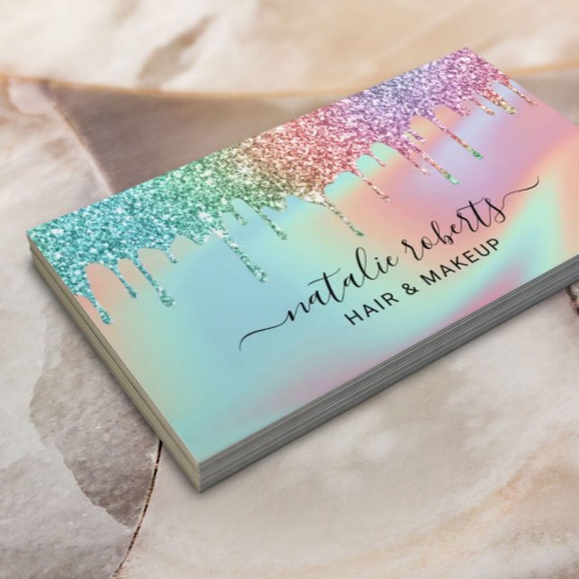 Pastel Holographic Glitzer Tropfens Beauty Salon Visitenkarte (Von Creator hochgeladen)