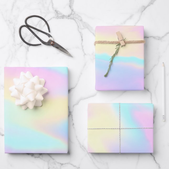 Pastel Holographic Rainbow Wrapping Paper Sheets Geschenkpapier Set (Vorderseite)