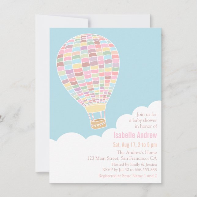 Pastel Hot Air Ballon Babydusche Einladungen (Vorderseite)