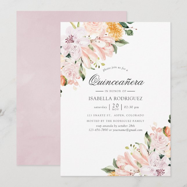 Pastel Hues Floral Quinceañera Einladung (Vorne/Hinten)