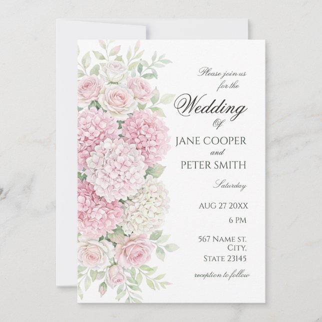 Pastel hydrangeas and roses Budget Wedding Einladung (Vorderseite)