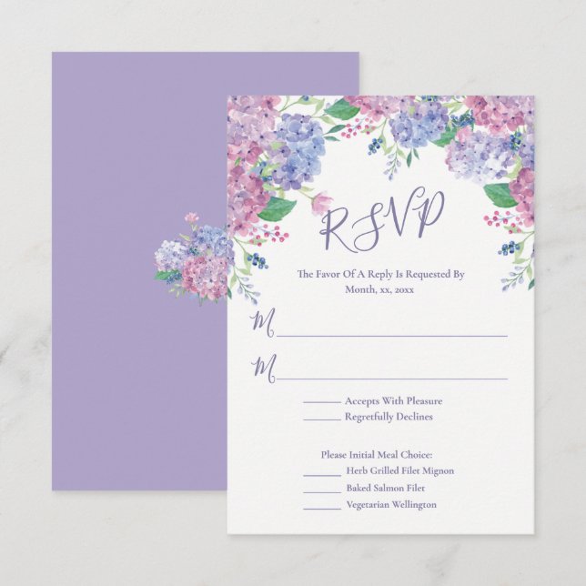 Pastel Hydrangeas, Blumenhochzeit RSVP Karte (Vorne/Hinten)