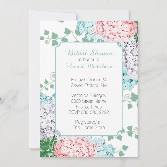 Pastel Hydrangeas Bridal Dusche Einladung (Vorderseite)