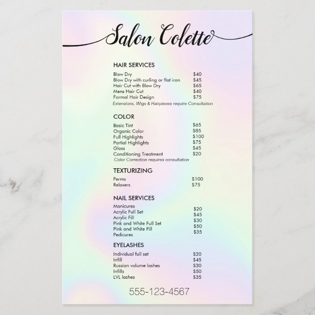 Pastel Iridescent Calligraphy Salon Service Menu Flyer (Vorne)