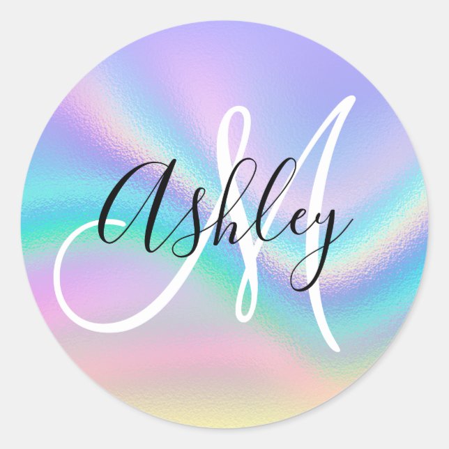 Pastel Iridescent Rainbow Wave Ombre Foil Monogram Runder Aufkleber (Vorderseite)