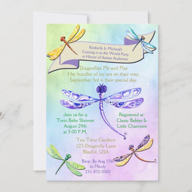 Pastel Jewel Tone Dragonfly Kinderdusche laden ein Einladung (Vorderseite)