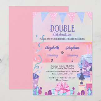 Pastel Joint Girls Double Birthday Celebration Einladung