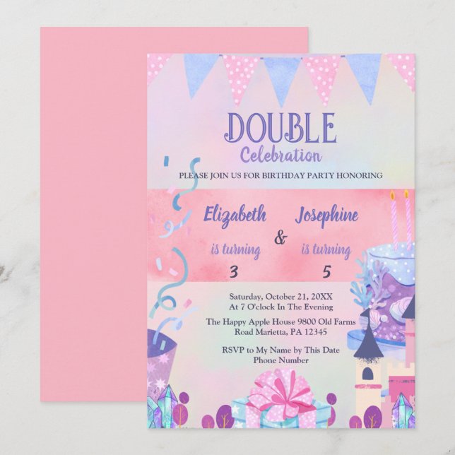 Pastel Joint Girls Double Birthday Celebration Einladung (Vorne/Hinten)