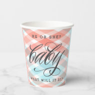 Pastel Kariert Baby Shower Gender-Aufdeckung Pappbecher