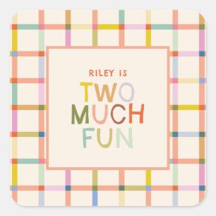Pastel Kariert "Two Much Fun" 2. Geburtstag Quadratischer Aufkleber