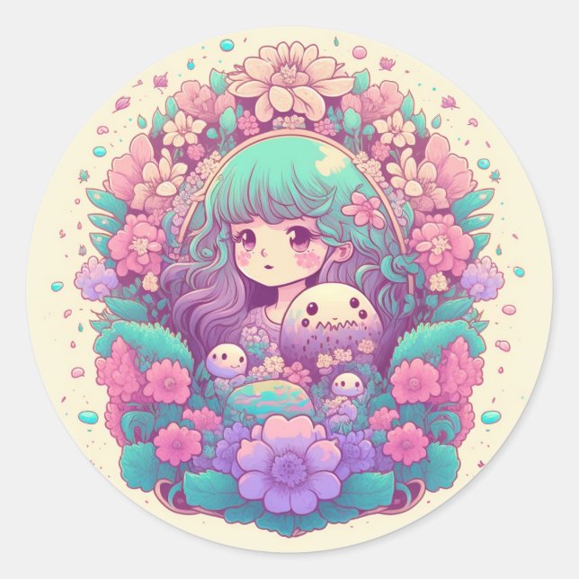 Pastel kawaii anime Girl Blume Aufkleber (Vorderseite)