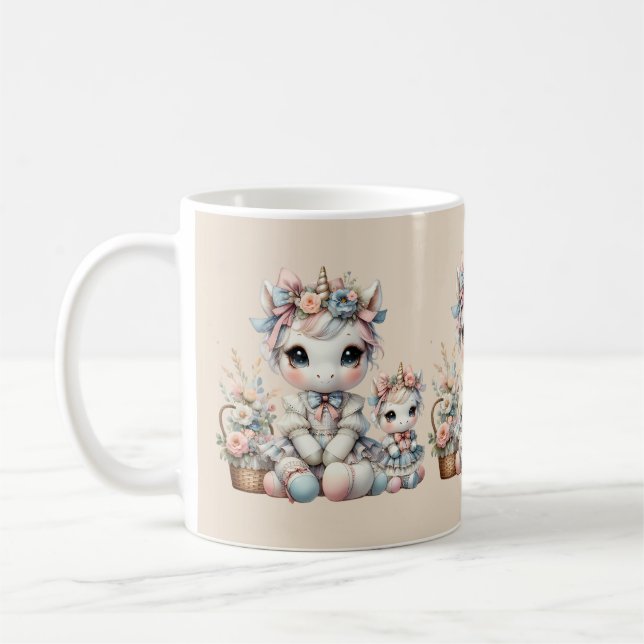 Pastel Kawaii Unicorn Mutter Tochter Duo Beige Kaffeetasse (Links)