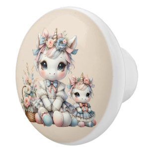 Pastel Kawaii Unicorn Mutter Tochter Duo Beige Keramikknauf