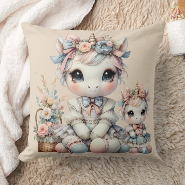 Pastel Kawaii Unicorn Mutter Tochter Duo Beige Kissen (Decke)