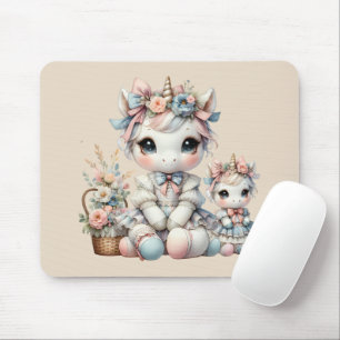 Pastel Kawaii Unicorn Mutter Tochter Duo Beige Mousepad