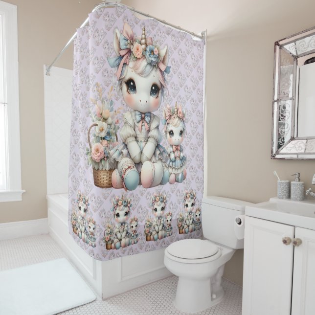 Pastel Kawaii Unicorn Mutter Tochter Duo Lavender Duschvorhang (Beispiel)