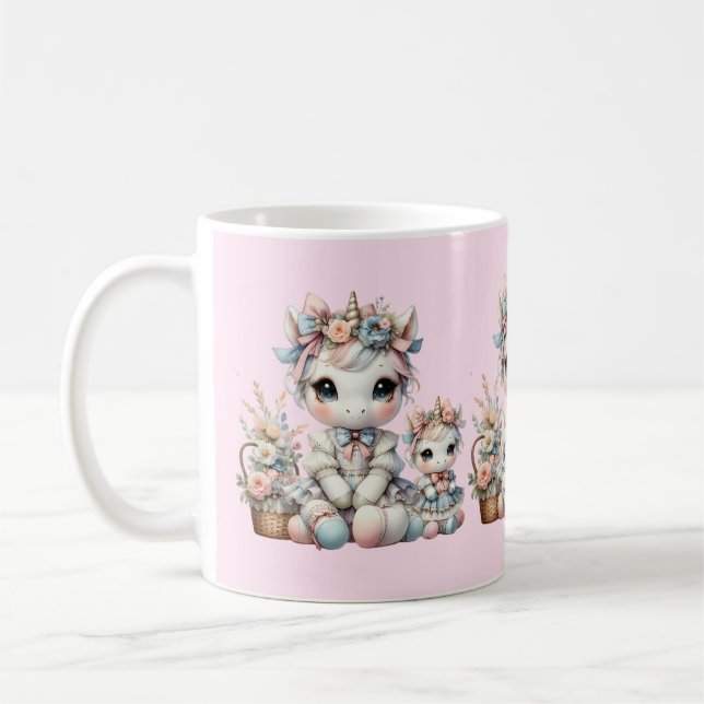 Pastel Kawaii Unicorn Mutter Tochter Duo Pink Kaffeetasse (Links)