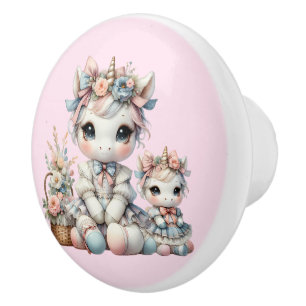 Pastel Kawaii Unicorn Mutter Tochter Duo Pink Keramikknauf