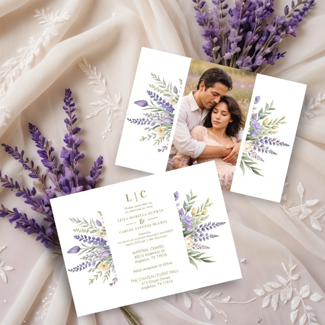 Pastel Lavender Flowers & Greenery Elegant Spring  Einladung (Pastel Lavender Flowers & Greenery Elegant Spring Photo Wedding Invitations Cards.)