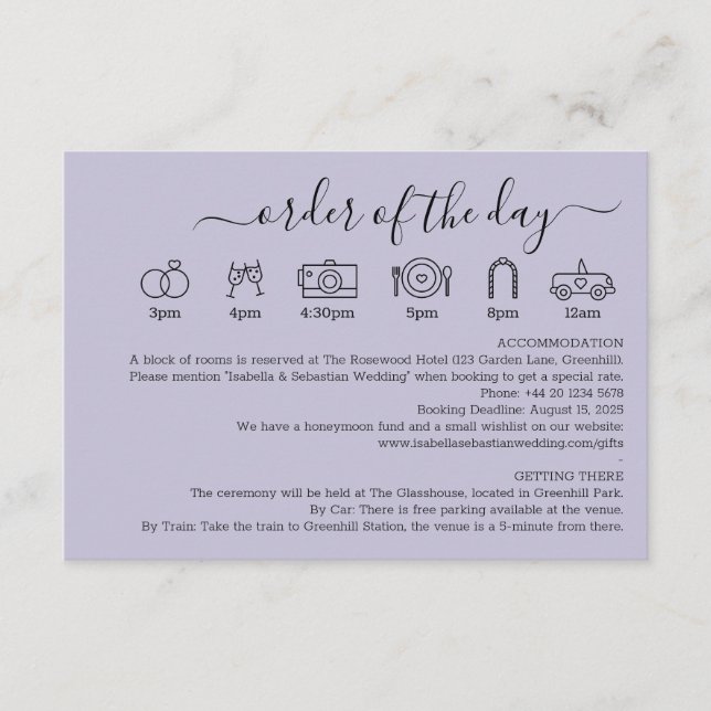 Pastel Lavender LiWedding Details Order Of The Day Begleitkarte (Vorderseite)
