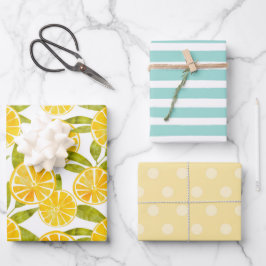 Pastel Lemon Spaß Streifen Dots Frucht Sommer Geschenkpapier Set