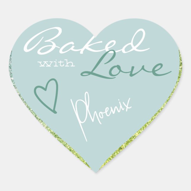 Pastel Light Blue Glitzer gebacken mit Liebe Herz Herz-Aufkleber (Vorderseite)