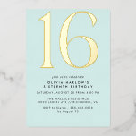 Pastel Light Blue & Gold | Simple Cute Sweet 16  Folieneinladung<br><div class="desc">Modern style 16th birthday invitations with a large heading "16" in real metallic foil on a pretty pale blue background. (Background colors can be changed by using the design tool. You can also change the type of metallic foil.)</div>