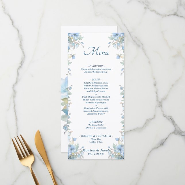 Pastel Light Blue Rose Blumenhochzeit Menükarte (Vorderseite/Rückseite Beispiel)