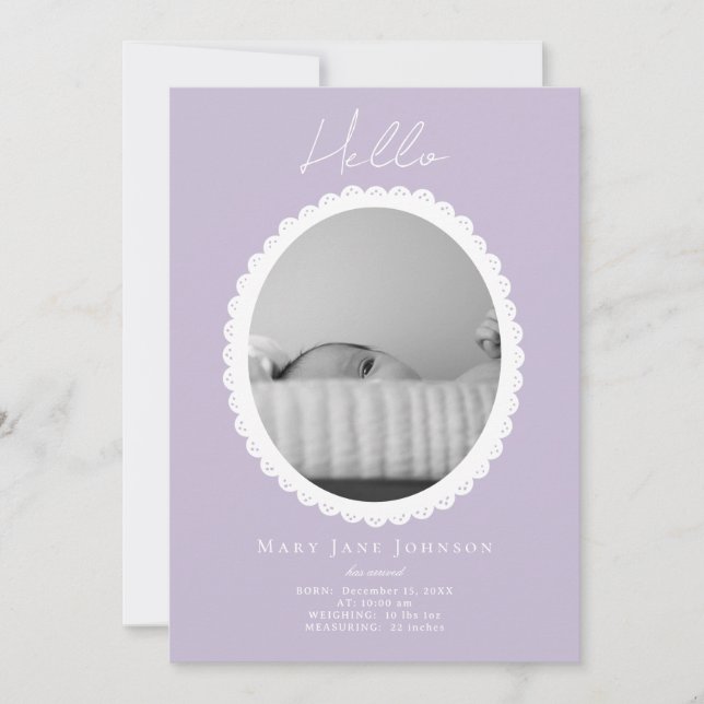 Pastel Light Lavender Baby Birth Announccard Karte (Vorderseite)