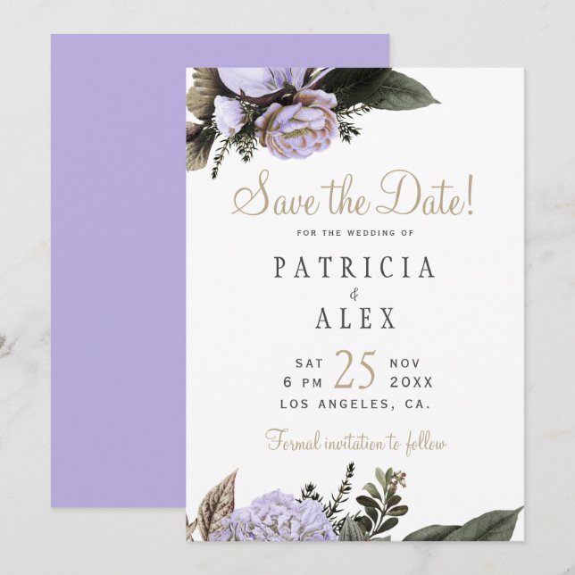 Pastel lila, blumengeschmückte Hochzeit Save the D Save The Date (Vorne/Hinten)