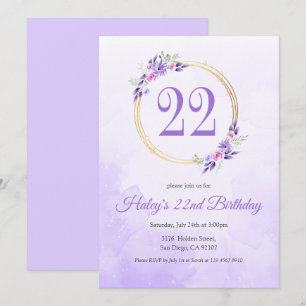 Pastel Lila Floral Golden Kranz 22. Geburtstag Einladung