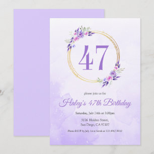 Pastel Lila Floral Golden Kranz 47. Geburtstag Einladung